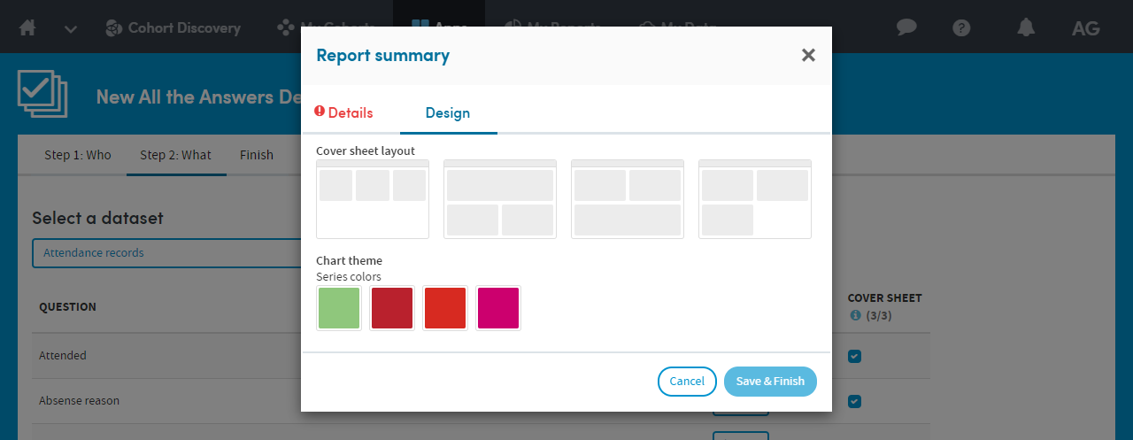 App wizard: setting the layout and chart colours for a report