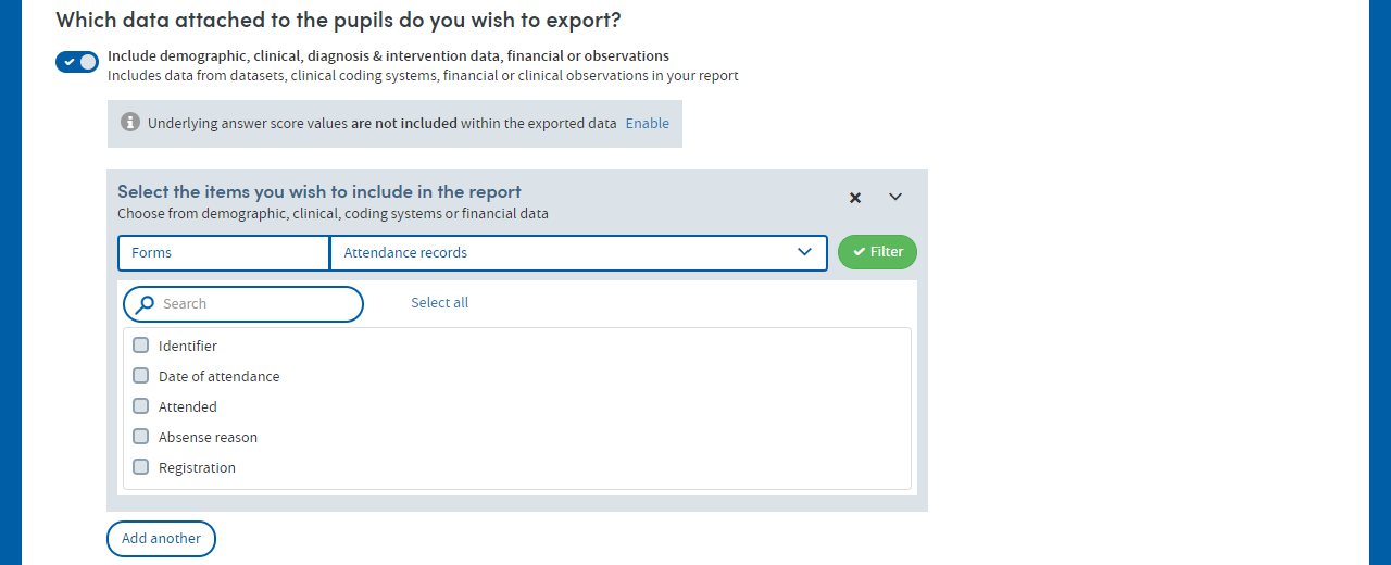 App wizard: filtering datasets in the 'What' step of Data Export