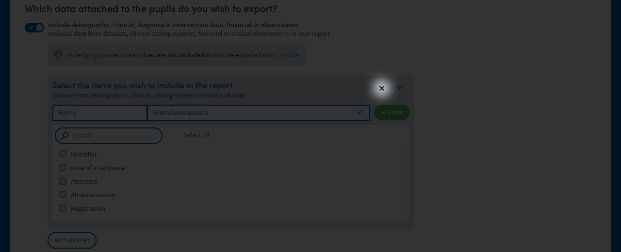 App wizard: removing a dataset in the 'What' step of Data Export