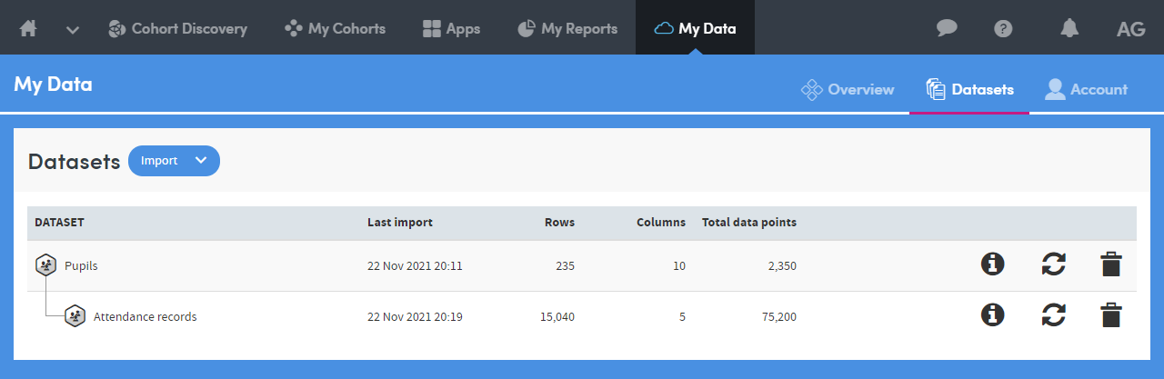 Linking datasets together: import progress screen